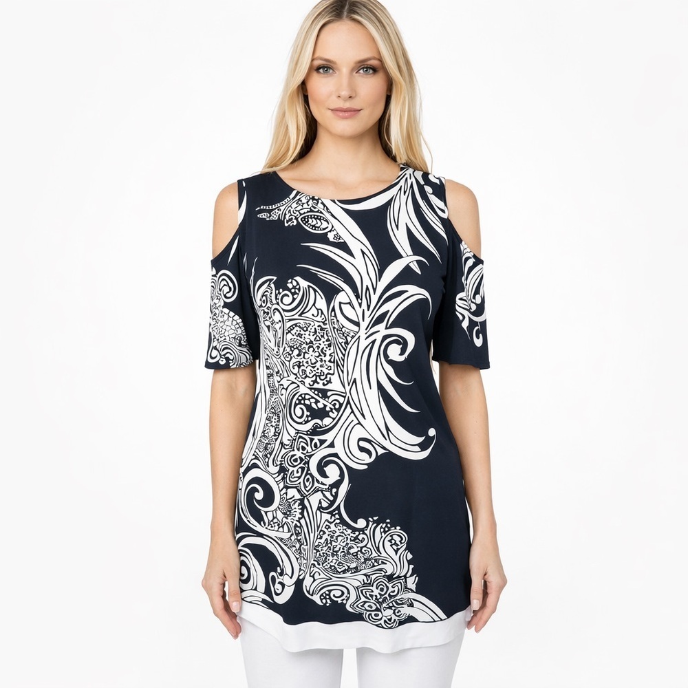 Eva Varro Black Ivory Abstract Paisley Print Tunic Top Cold Shoulder Size S